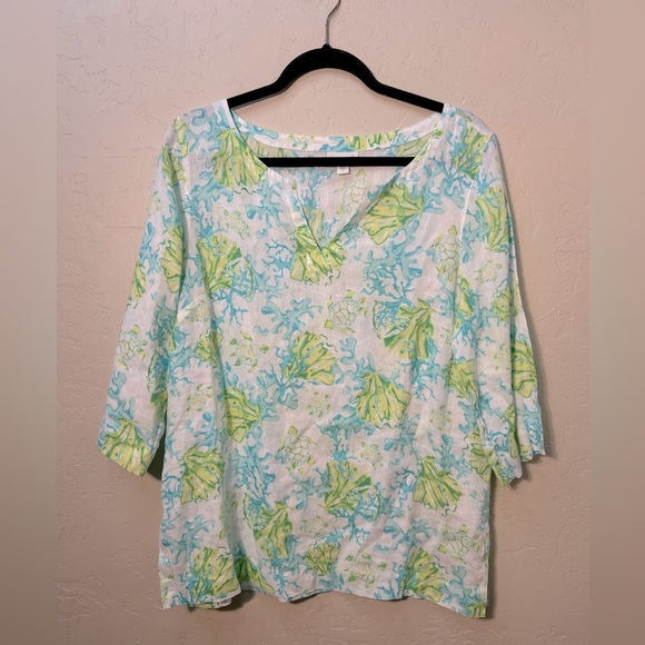 J Jill MEDTurtle 100% Linen 3/4 Sleeve Blouse tropical resortwear beach coastal - Picture 2 of 8